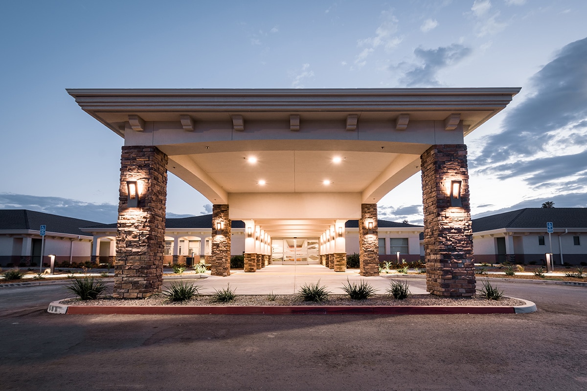 Kern River Transitional Care front entry view at sunset
